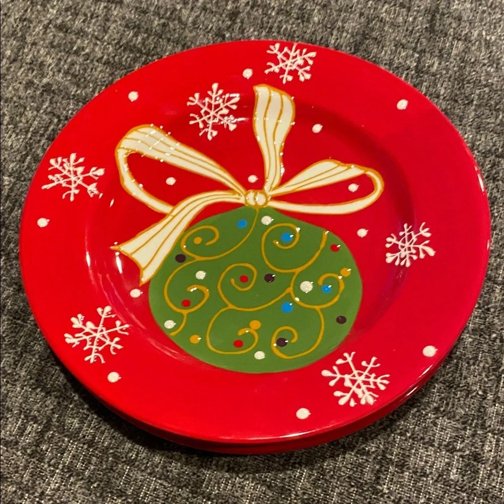 Pier 1 Festive Red and Green Holiday Plates “Decorations”. Ceramic. Set of 3.